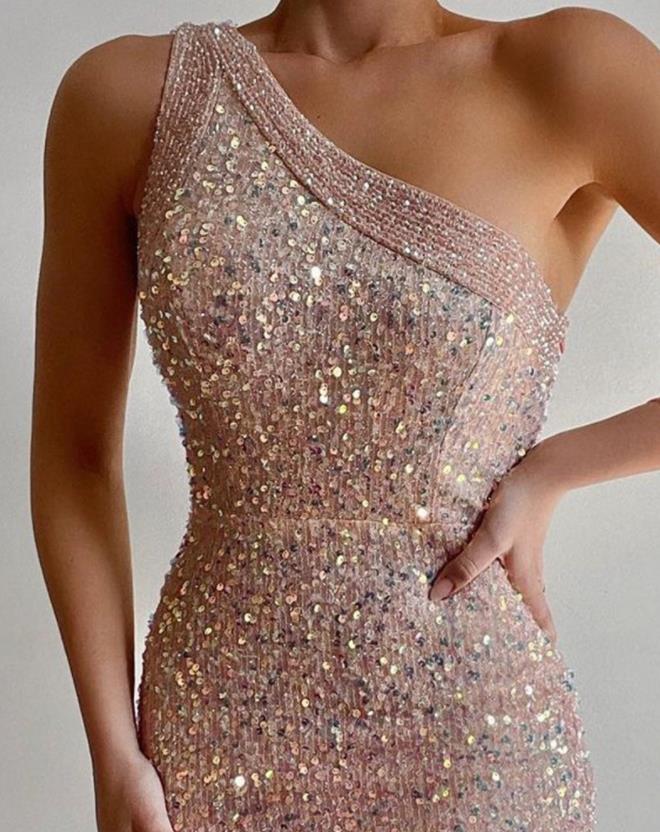 Elegant Women&#39;s Dresses 2022 Summer One Shoulder Slit Sequin Sleeveless Maxi Skinny Party Dress - Executive-Skincare