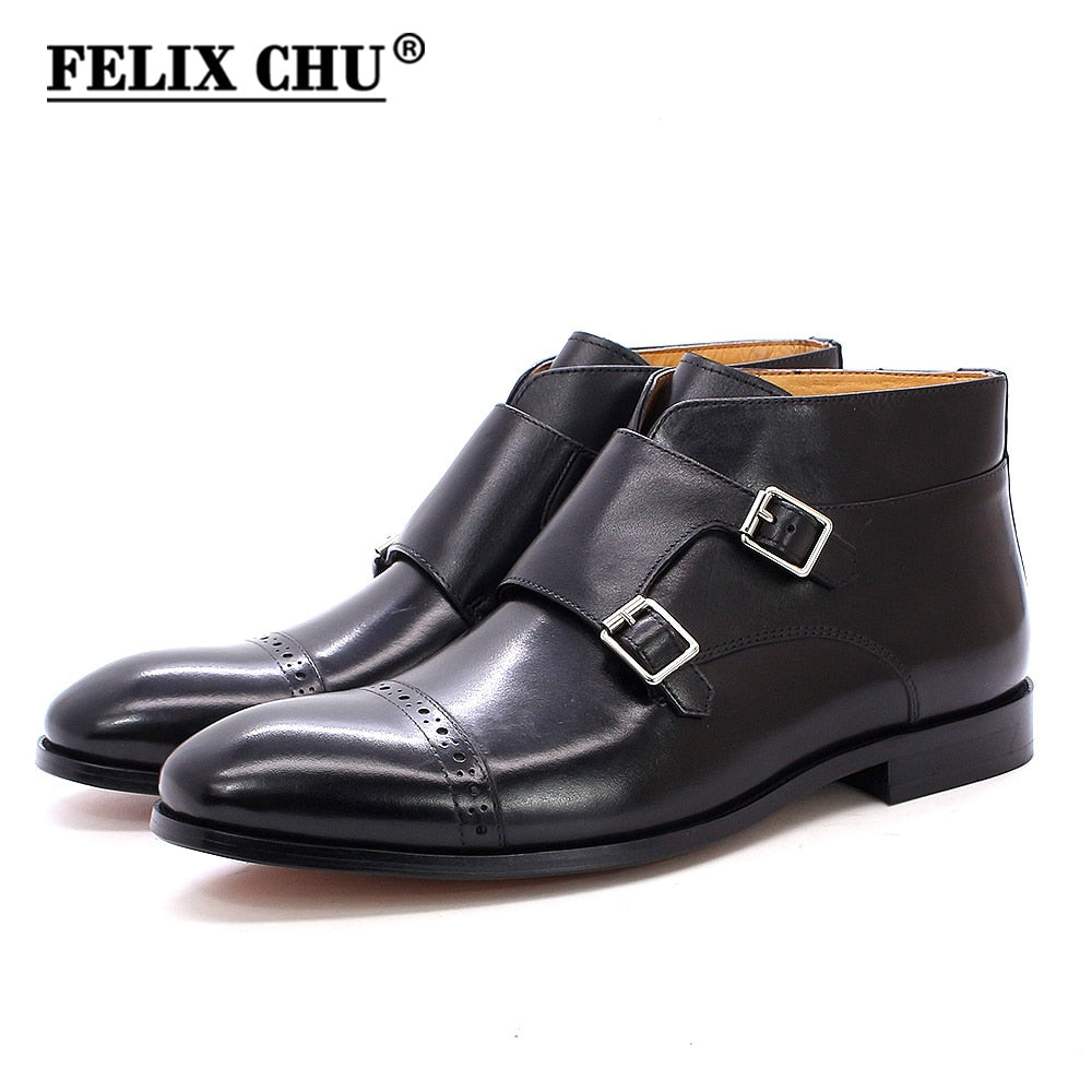 Handmade Men Ankle Boots Felix Chu Genuine Leather Mens Motorcycle Boots Black Red Buckle Strap High Top Dress Shoes for Men - Executive-Skincare