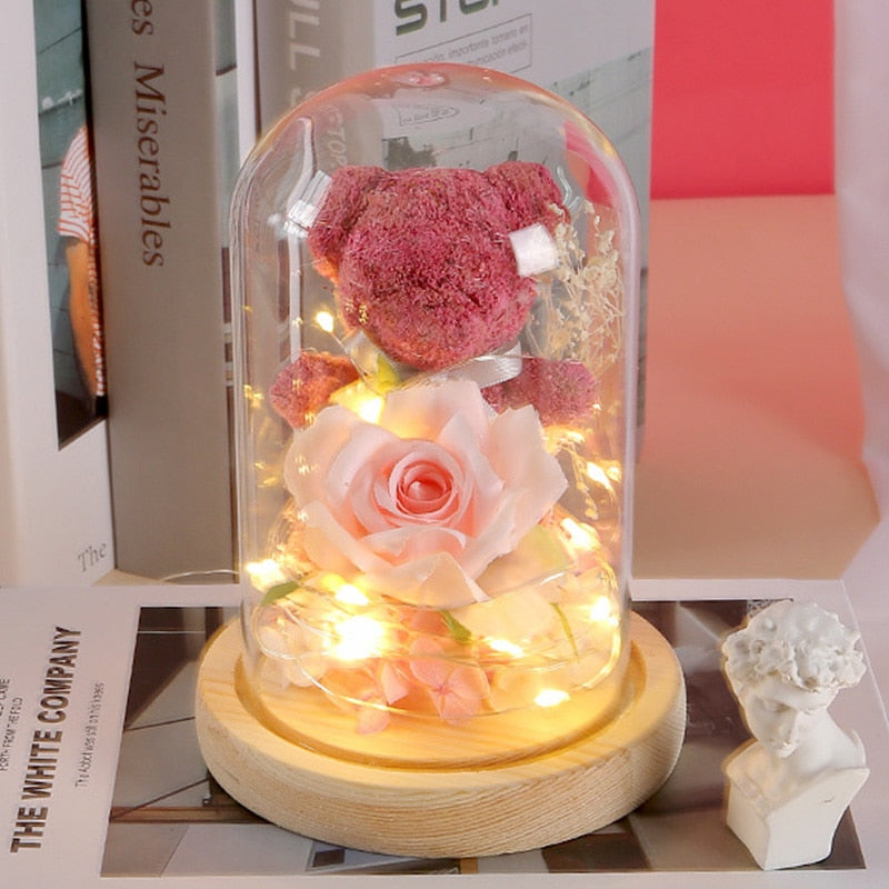 Lovely Eternal Flower Rose Bear Glass Cover with LED Light Valentine&#39;s Day Birthday Gift for Wife Girl Friend Mother Daughter - Executive-Skincare