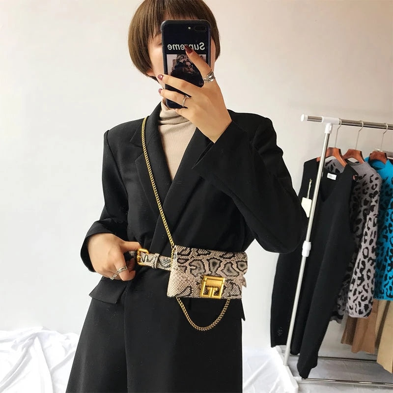 Snake Print Pu Leather Fanny Pack Woman Fashion Chain Buckles Square Women Crossbody Bags Designer Brands Mini Waist Packs Lady - Executive-Skincare