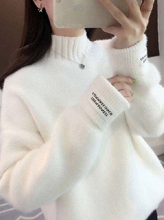 ZOKI Women Half Turtleneck Sweater Autumn Loose Wool Pullover Knitted Jumper Long Sleeve Letter Top Casual Warm Ladies Blouse - Executive-Skincare