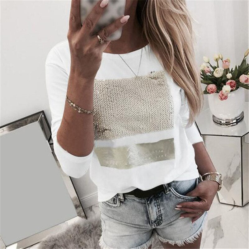 Spring Women Tops Hot Sequined Lip T-shirts Black White Casual Tee Shirt Femme O-neck Long Sleeve Tshirts   G1113 - Executive-Skincare