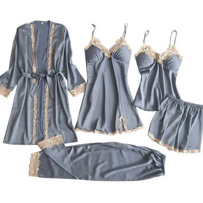 5pcs Silk Robe Set Women Lace Pajamas Gown Set V-Neck Nighties Wear Home Nightwear Pijama Sleepsuit Spring Nightdress