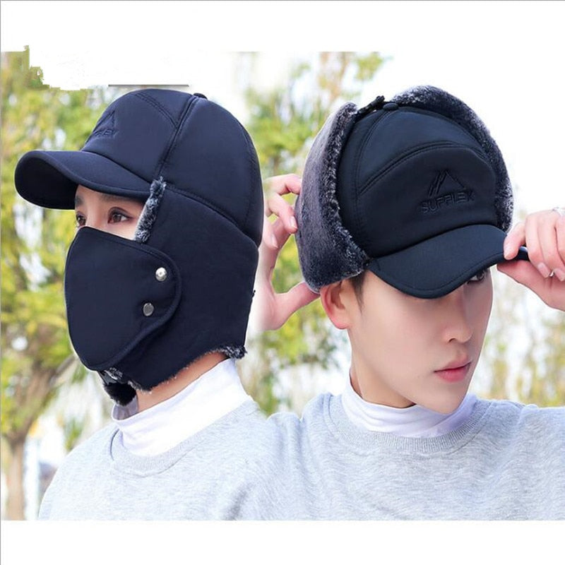 Trend Winter Thermal Bomber Hats Men Women Fashion Ear Protection Face Windproof Ski Cap Velvet Thicken Couple Hat - Executive-Skincare