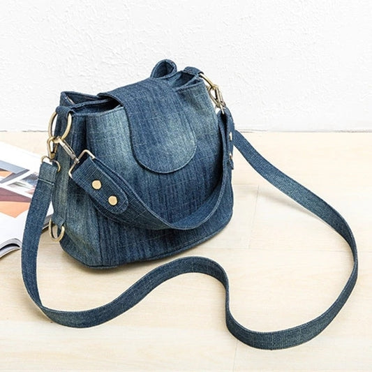 Casual Denim Bucket bag for women Shoulder Crossbody Bag Multiple pockets  ladies handbag Luxury design Female big Totes blue - Executive-Skincare