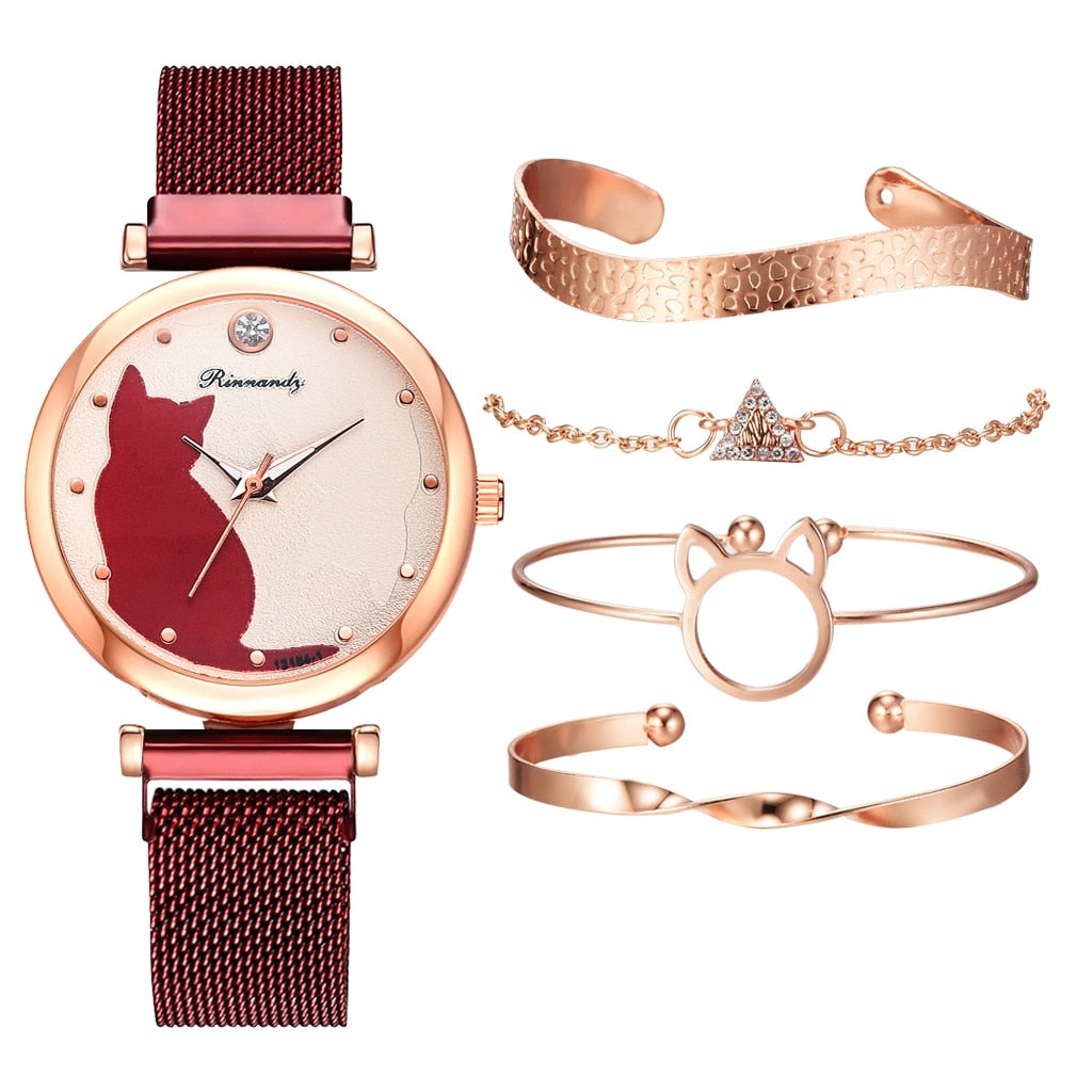 Fashion Watch Set Women 5pcs Quartz Wristwatch Mesh Bracelet Cat Dial Luxury Woman Watch Casual Ladies Clock Relogio Femenino - Executive-Skincare