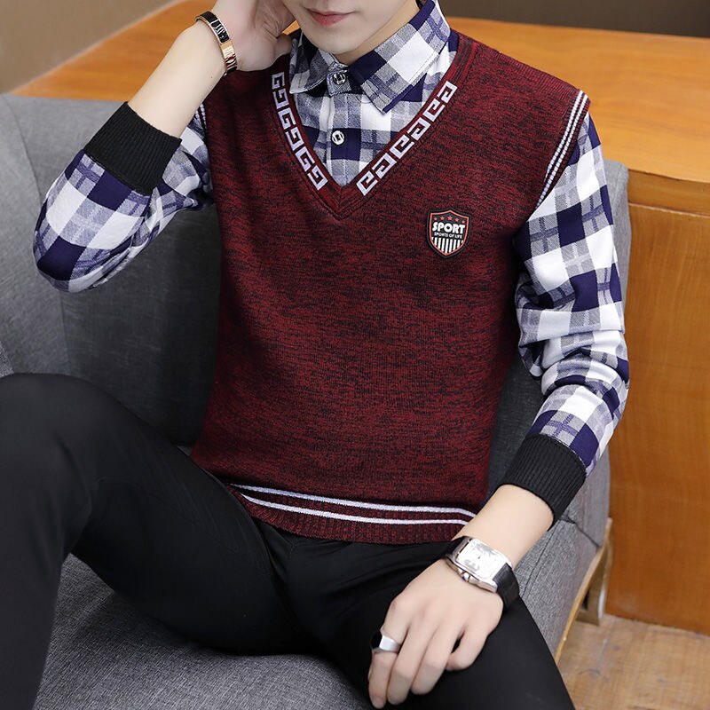 Fashion Lapel Spliced Knitted Fake Two Pieces Lattice Sweater Men&#39;s Clothing 2022 Autumn New Casual Pullovers Loose Korean Tops - Executive-Skincare