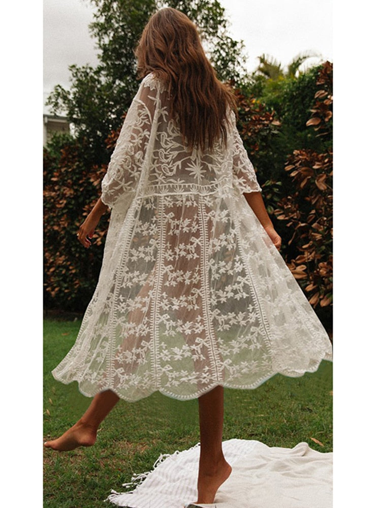 2022 Crochet White Knitted Beach Cover up dress Tunic Long Pareos Bikinis Cover ups Swim Cover up Robe Plage Beachwear - Executive-Skincare