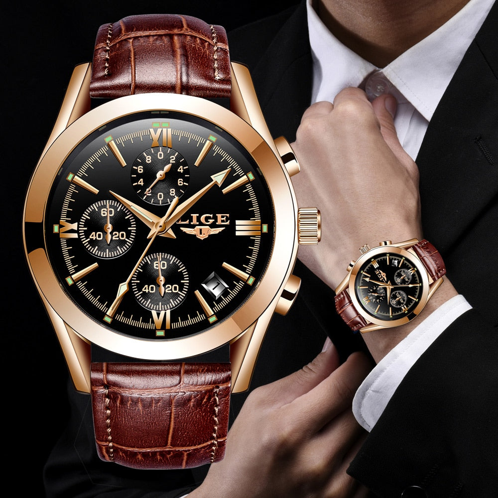 2022 LIGE New Fashion Mens Watches Top Brand Luxury Military Quartz Watch Premium Leather Waterproof Sport Chronograph Watch Men - Executive-Skincare