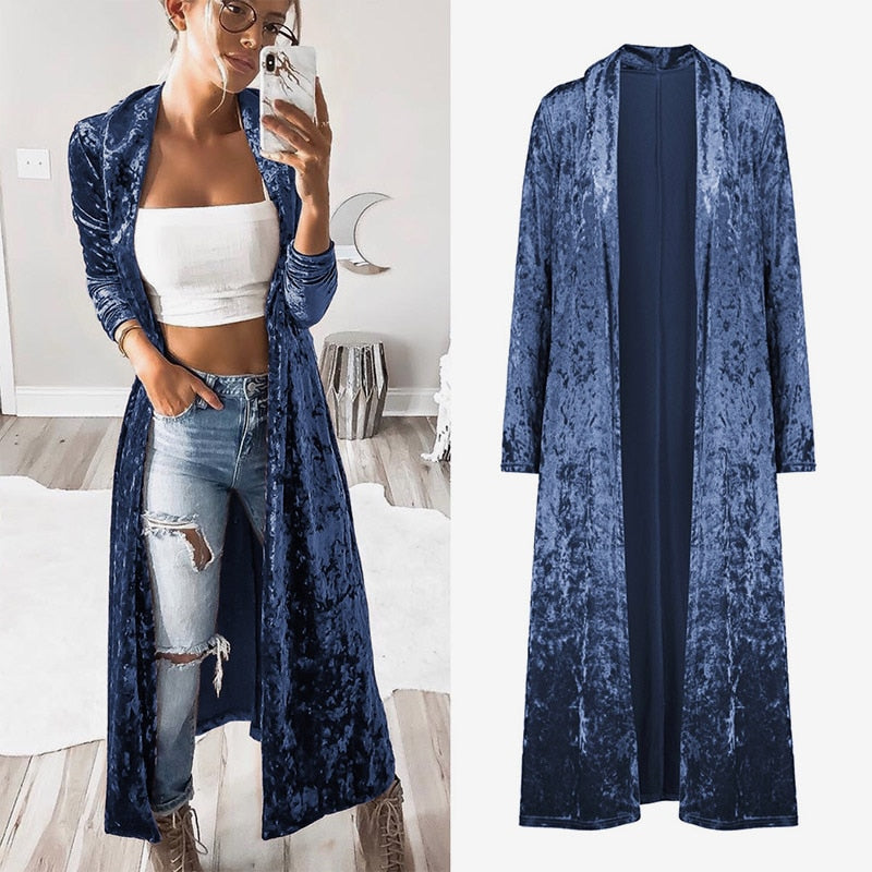 Long Velvet Kimono Cardigan Windbreaker Women Jacket Pure Color  Fashion Long Sleeve Casual Ladies Long Jacket 2021 - Executive-Skincare