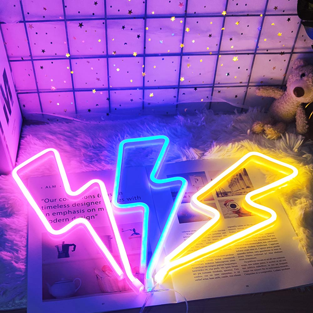 LED Home Neon Lightning Shaped Sign Neon Fulmination Light USB Decorative Light Wall Decor for Kids Baby Room Wedding Party - Executive-Skincare