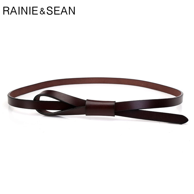 RAINIE SEAN Thin Real Leather Women Belt Korean Casual Ladies Knot Belts for Dresses Autumn Camel Self Tie Strap Accessories - Executive-Skincare