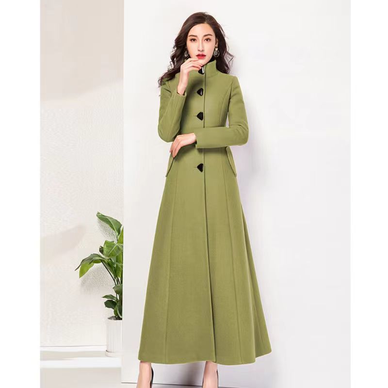 2021 Autumn And Winter Women&#39;s New Super Long Stand Collar Slim Waist Fashion Temperament Retro Triangle Buckle Woolen Coat - Executive-Skincare