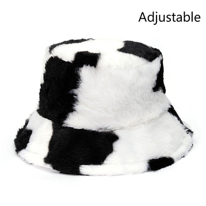 Winter Cow Leopard Faux Fur Fluffy Bucket Hats Women Outdoor Warm Sun Hat Soft Velvet Furry Fisherman Cap Girl Fashion Panama - Executive-Skincare