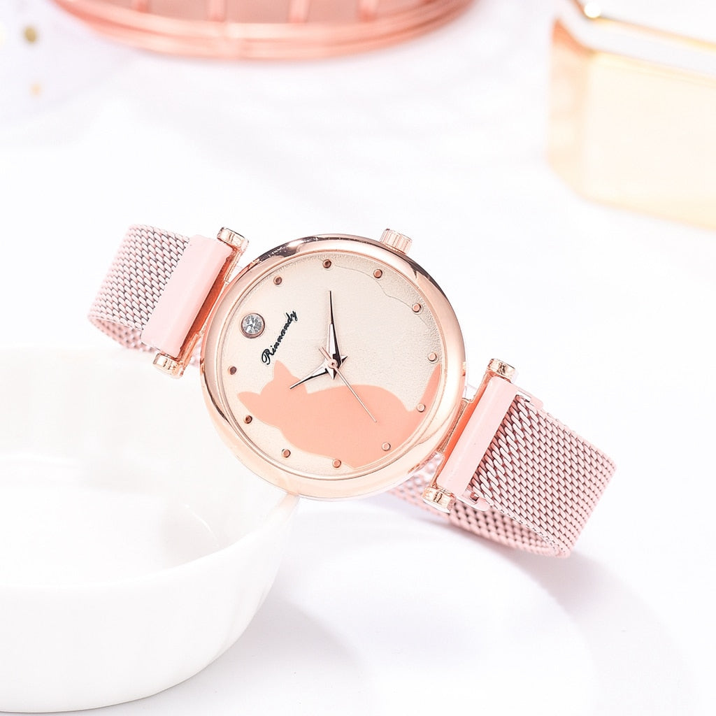 Fashion Watch Set Women 5pcs Quartz Wristwatch Mesh Bracelet Cat Dial Luxury Woman Watch Casual Ladies Clock Relogio Femenino - Executive-Skincare