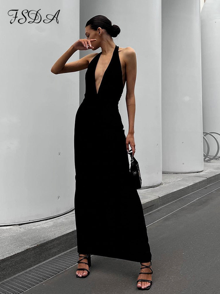 FSDA Black Sexy Bodycon Dress Women Midi Halter Neck Summer Backless Split Elegant Dresses Party Sleeveless 2022 Club - Executive-Skincare