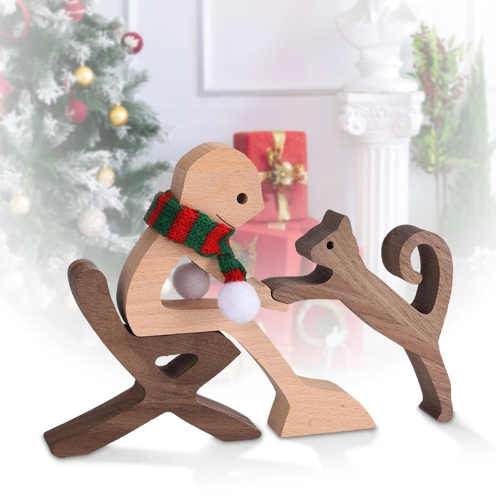 Family Puppy Wood Dog Craft Figurine Desktop Table Ornament Carving Model Home Office Decoration Pet Sculpture Christmas Gift - Executive-Skincare