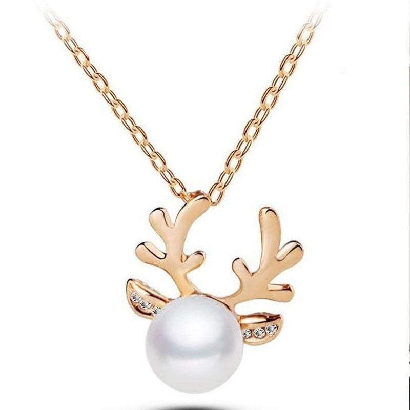 Cute Reindeer Antlers Pearl Chain Pendant Necklace Deer Stag Christmas Present  Necklace Christmas Decoration Reindeer - Executive-Skincare