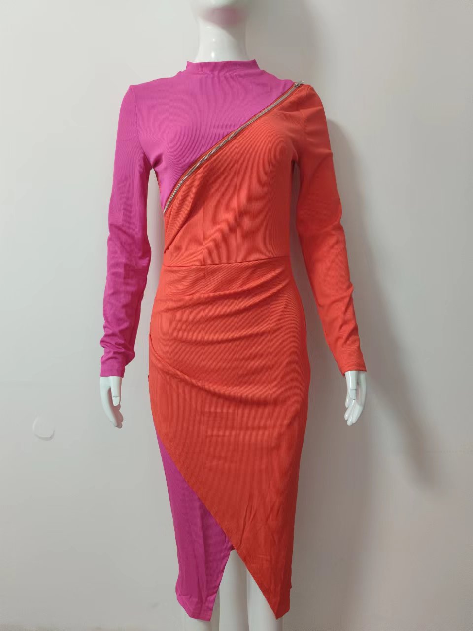 Sexy Women Colorblock Zip Detail Long Sleeve Bodycon Dress 2022 Autumn Party Long Dress Asymmetrical Midi Dress - Executive-Skincare