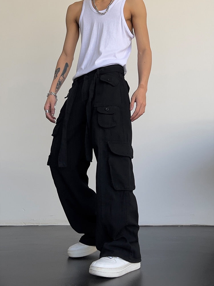 High street retro casual large pocket overalls men&#39;s and women&#39;s new summer high waist loose straight tube draped wide leg pants - Executive-Skincare