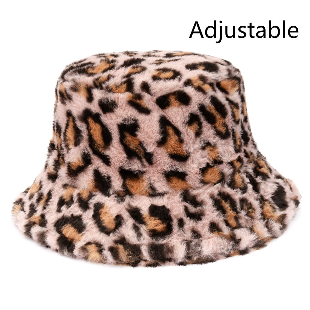 Winter Cow Leopard Faux Fur Fluffy Bucket Hats Women Outdoor Warm Sun Hat Soft Velvet Furry Fisherman Cap Girl Fashion Panama - Executive-Skincare