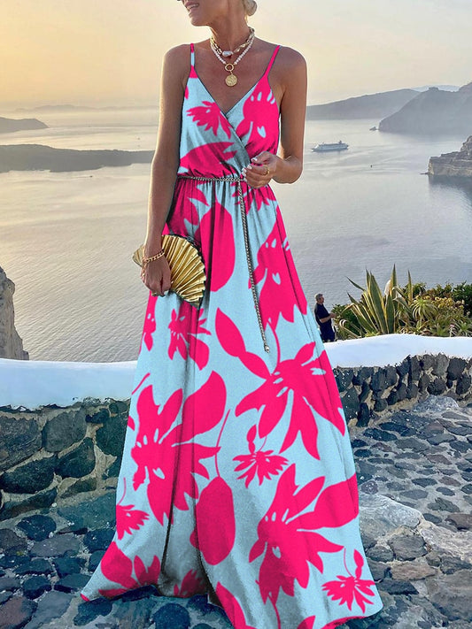 Fashion Retro Printed Sleeveless Sling Holiday Dress Women High Waist Elegant Maxi Dresses 2022 Summer V Neck Party Long Dress - Executive-Skincare