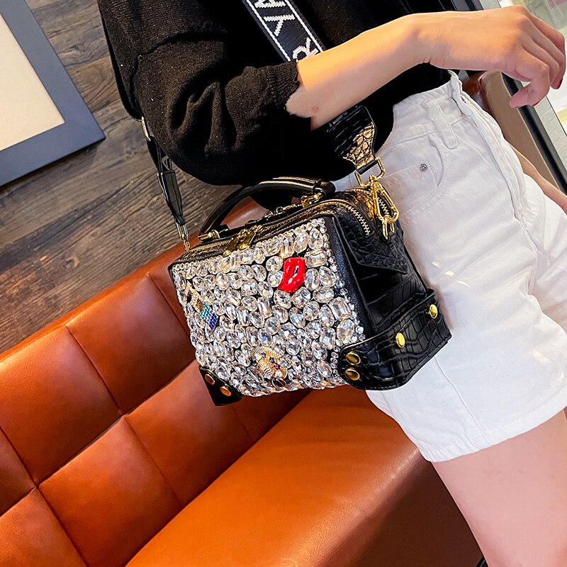 Genuine Leather Design Diamond Women&#39;s Bag 2022 Fashion Brand Female Handbags Small Square Shoulder Crossbody Bags Rhinestone - Executive-Skincare