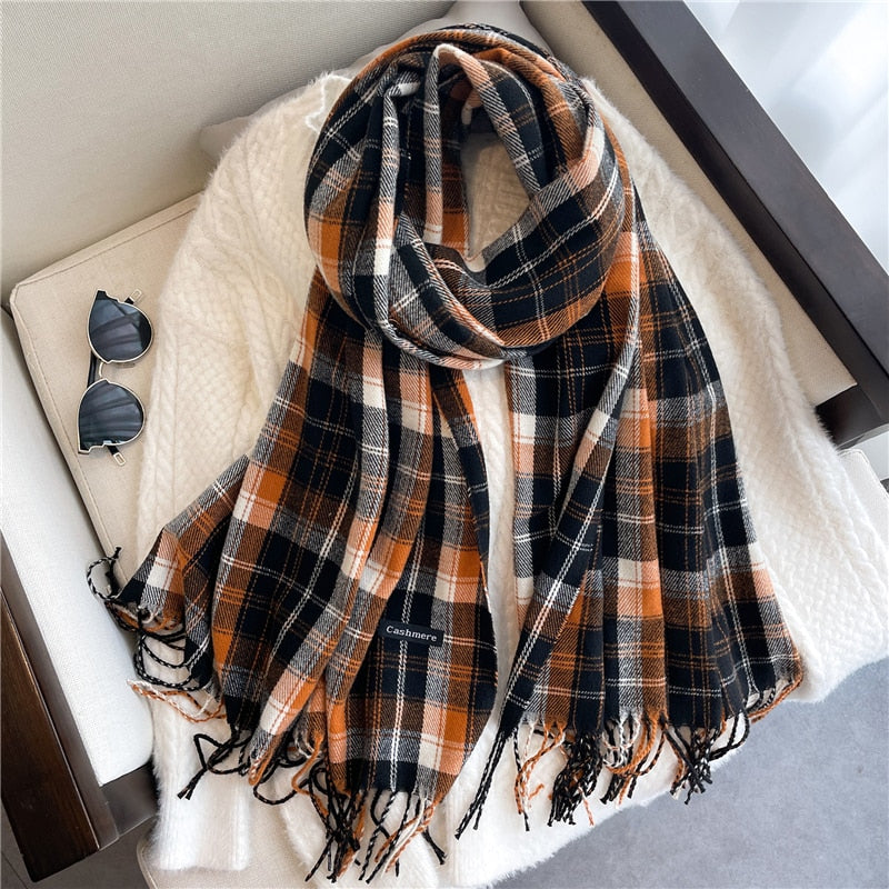 Luxury Plaid Scarf Winter Warm Cashmere Women Long Pashmina Foulard Female Scarves Lady Tassel Shawl Wraps 2022 Design New - Executive-Skincare