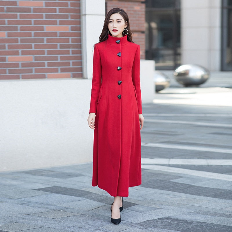 2021 Autumn And Winter Women&#39;s New Super Long Stand Collar Slim Waist Fashion Temperament Retro Triangle Buckle Woolen Coat - Executive-Skincare