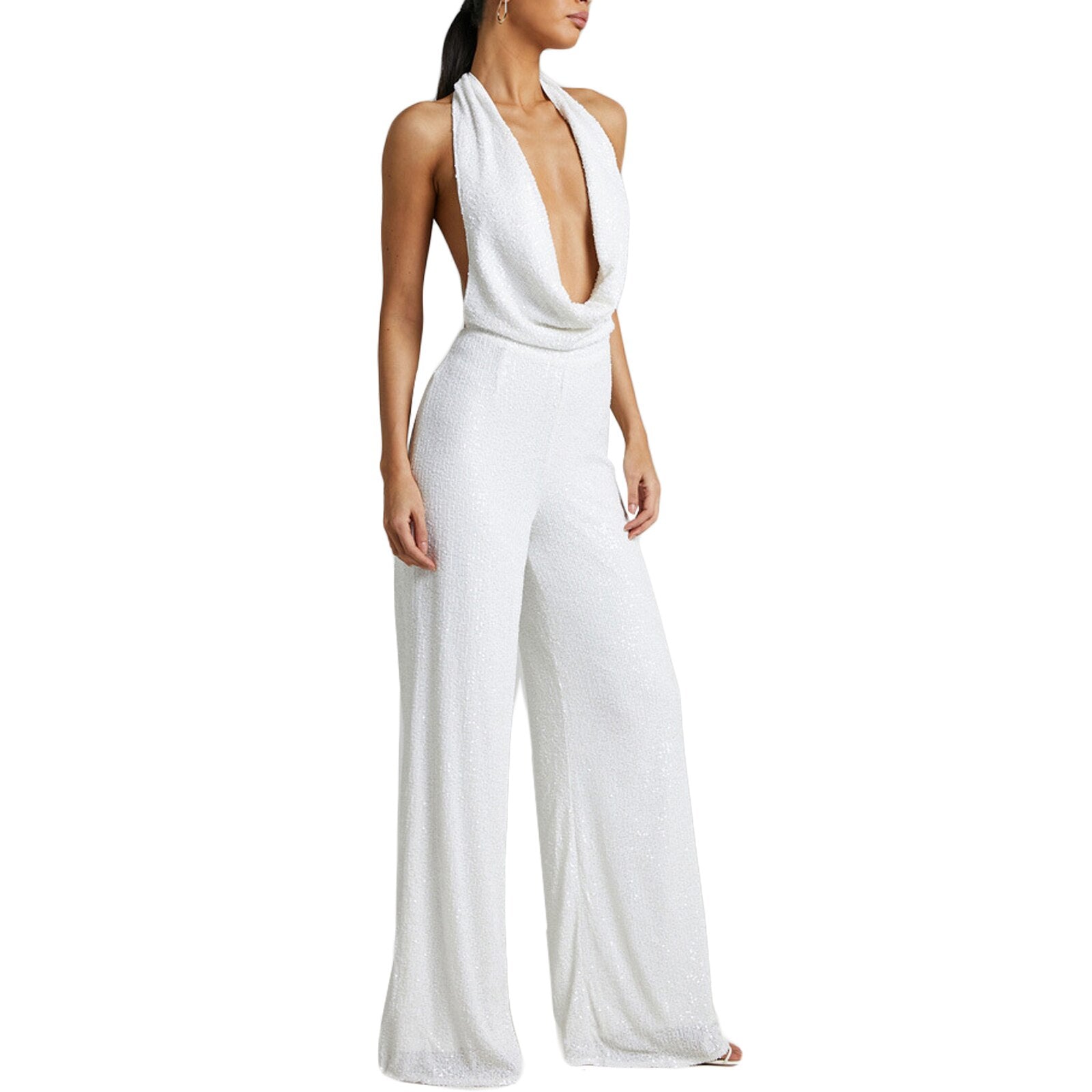 2023 Summer Women Sleeveless Romper Sexy Hanging Neck Low Cut Neckline Backless Bandage Solid Color Casual Party White Jumpsuits - Executive Quality Store