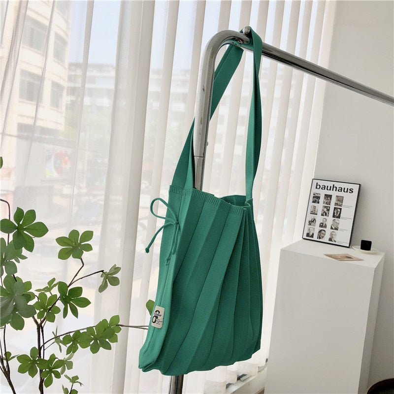 Female Wool Knitted Pleats Tote Organ Bag Designer Chic Stitching Contrast Korean Fashion Shoulder Shopper Handbag For Women - Executive-Skincare