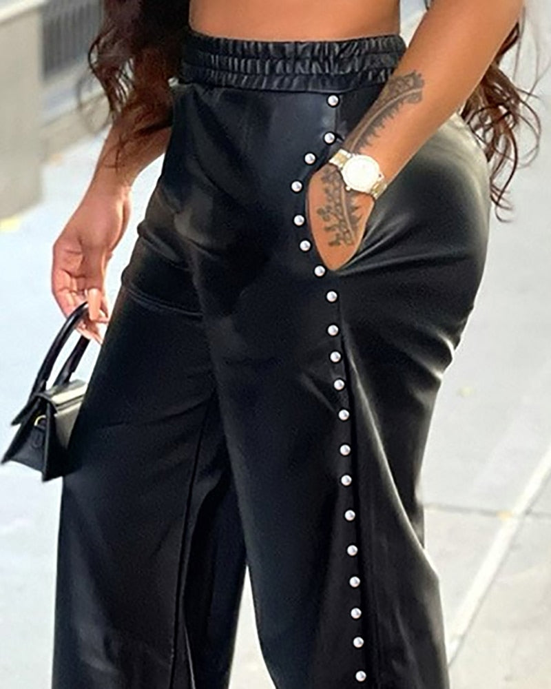 Women Studded Decor Pocket Design PU Leather Wide Leg Pants 2022 New Sexy Femme High Waist Buttoned Trousers Lady Outfits y2k - Executive Quality Store