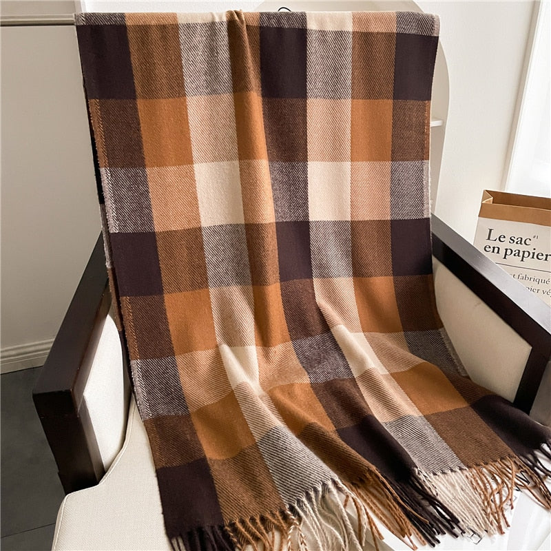 Luxury Plaid Scarf Winter Warm Cashmere Women Long Pashmina Foulard Female Scarves Lady Tassel Shawl Wraps 2022 Design New - Executive-Skincare