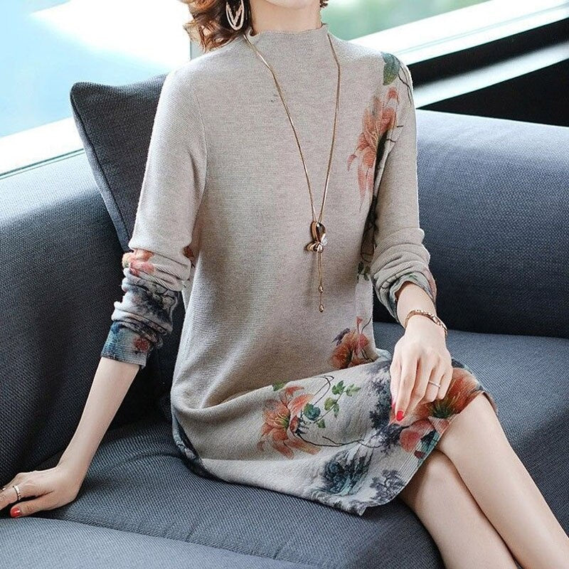 Vintage Elegant Floral Print Half High Collar Long Sleeve Ladies Dresses Autumn Women Fashion Loose Pullover Midi Dress Vestidos - Executive-Skincare