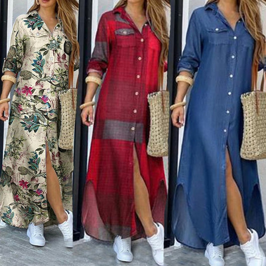 Summer Autumn Elegant Women Maxi Shirt Dresses Vintage Ladies Single-breasted Long Sleeve Vestidos Casual Plaid Robe Longue - Executive-Skincare