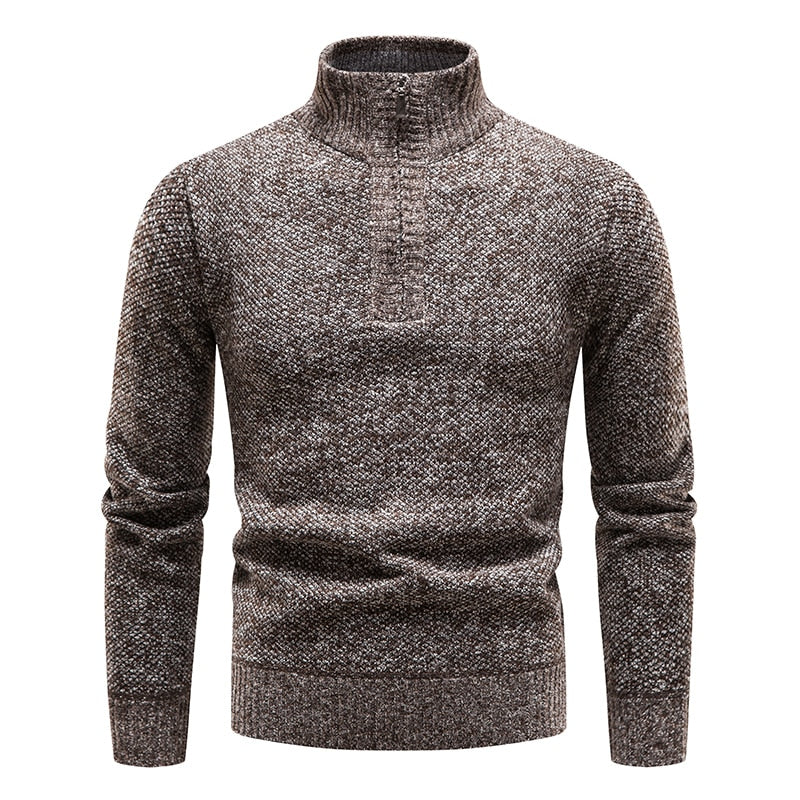 New Winter Fleece Sweater Pullovers Men Thick Warm Knitted Pullover Slim Mock Neck Sweaters Half Zipper Solid Mens Pullovers - Executive-Skincare