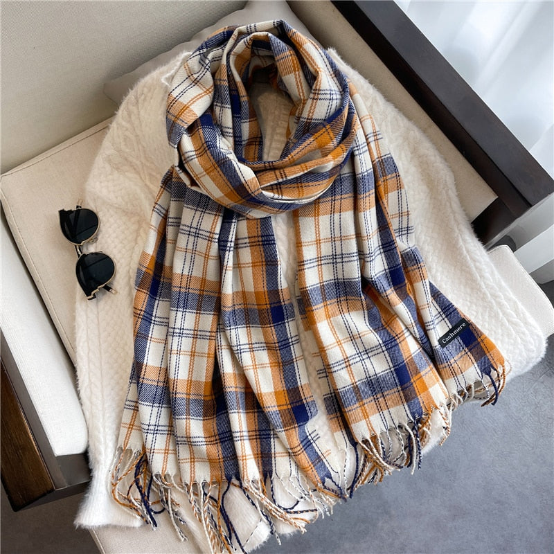 Luxury Plaid Scarf Winter Warm Cashmere Women Long Pashmina Foulard Female Scarves Lady Tassel Shawl Wraps 2022 Design New - Executive-Skincare