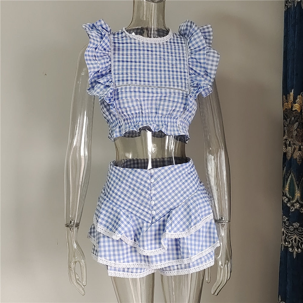 High Quality 2022 Sunday Set elastic waistband Cropped top with ruffle detail and cute ruffle mini shorts skirts - Executive-Skincare