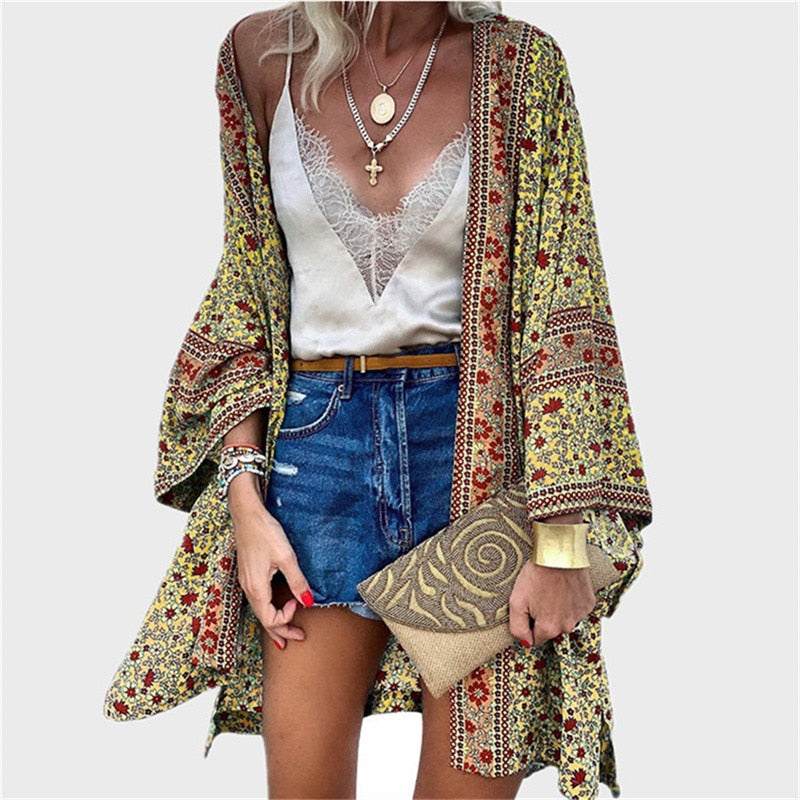 Summer Floral Printed Beach Cover Up Tops Bohemian Kimono Women Long Sleeve Cardigan Casual Loose Holiday Blouse Shirt Cover Up - Executive-Skincare