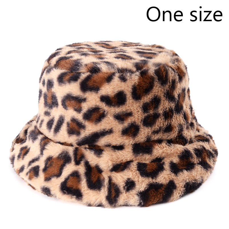 Winter Cow Leopard Faux Fur Fluffy Bucket Hats Women Outdoor Warm Sun Hat Soft Velvet Furry Fisherman Cap Girl Fashion Panama - Executive-Skincare