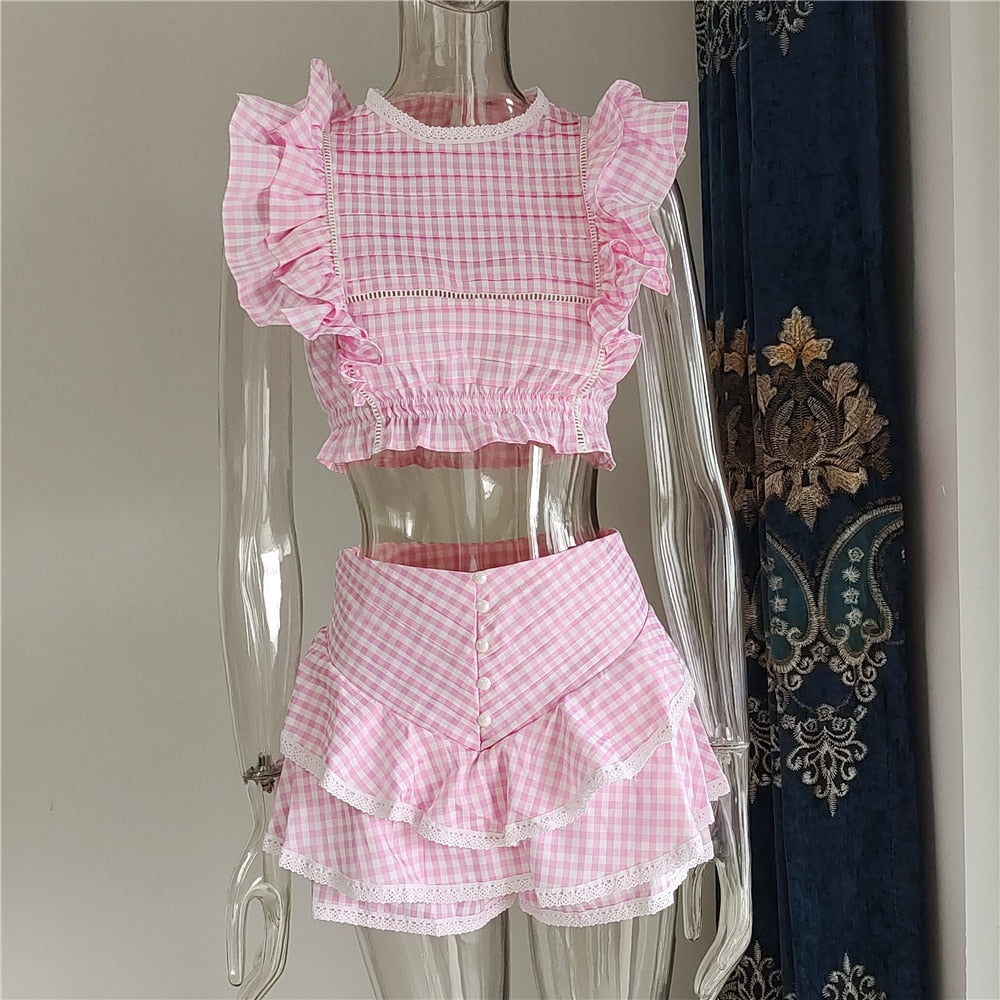 High Quality 2022 Sunday Set elastic waistband Cropped top with ruffle detail and cute ruffle mini shorts skirts - Executive-Skincare