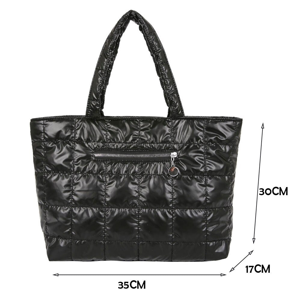 Autumn Winter Nylon Women Large Capacity Handbags Casual Quilted Lattice Shoulder Bags Female Solid Color Shopping Bags Tote - Executive-Skincare