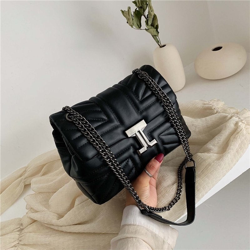 Trendy Chain Sling Crossbody Bags for Women PU Leather Shoulder Messenger Bag Ladies Brand Design Solid Color Female Travel Bag - Executive-Skincare