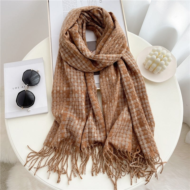 Luxury Plaid Scarf Winter Warm Cashmere Women Long Pashmina Foulard Female Scarves Lady Tassel Shawl Wraps 2022 Design New - Executive-Skincare