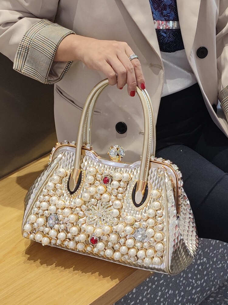 Luxury Fashion Brand Pearl Women&#39;s Handbag 2022 New Leather Diamond Shoudler Crossbody Evening Bag Portable Rhinestone Lock Bags - Executive-Skincare