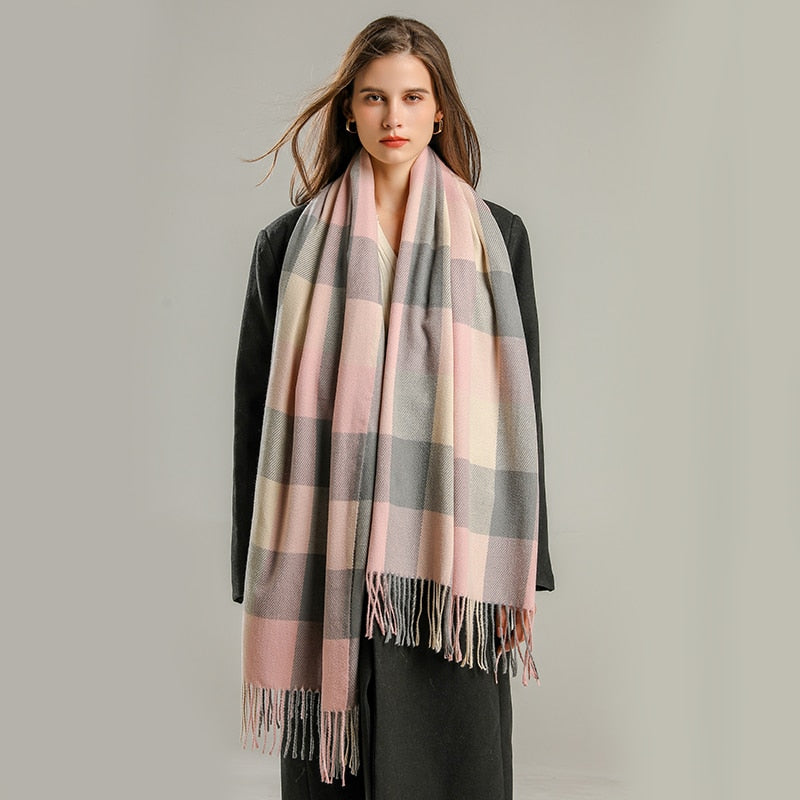 Luxury Plaid Scarf Winter Warm Cashmere Women Long Pashmina Foulard Female Scarves Lady Tassel Shawl Wraps 2022 Design New - Executive-Skincare