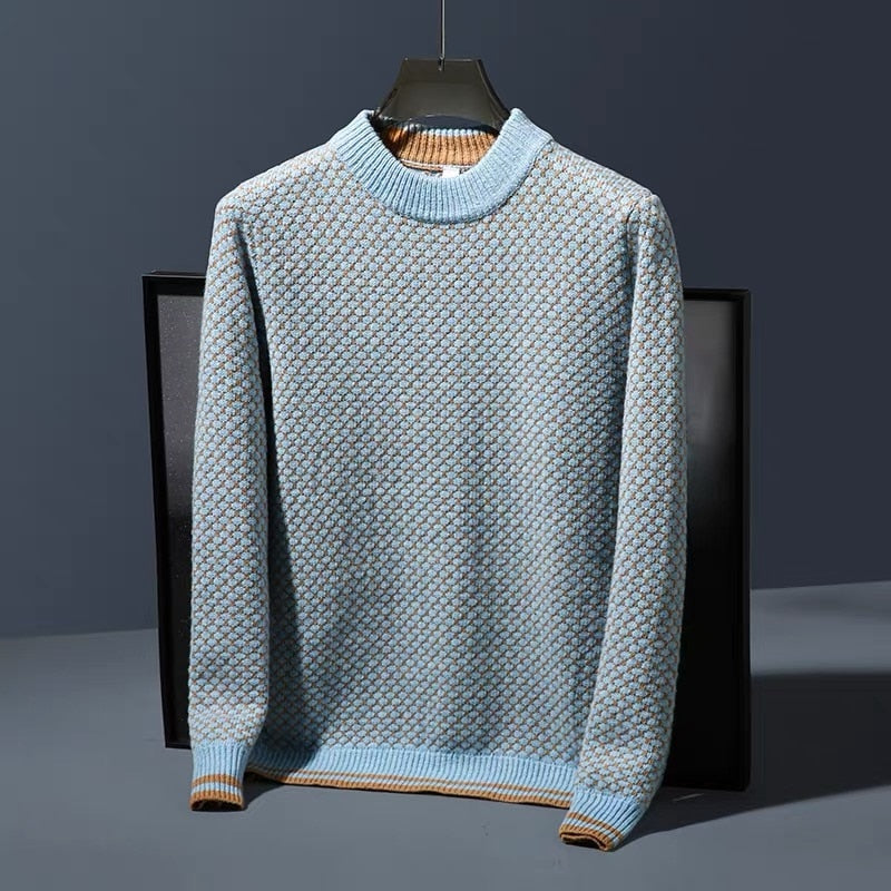 High grade color blocking trend jacquard round neck sweater for men&#39;s winter thick warm sweater comfortable soft pullover men - Executive-Skincare