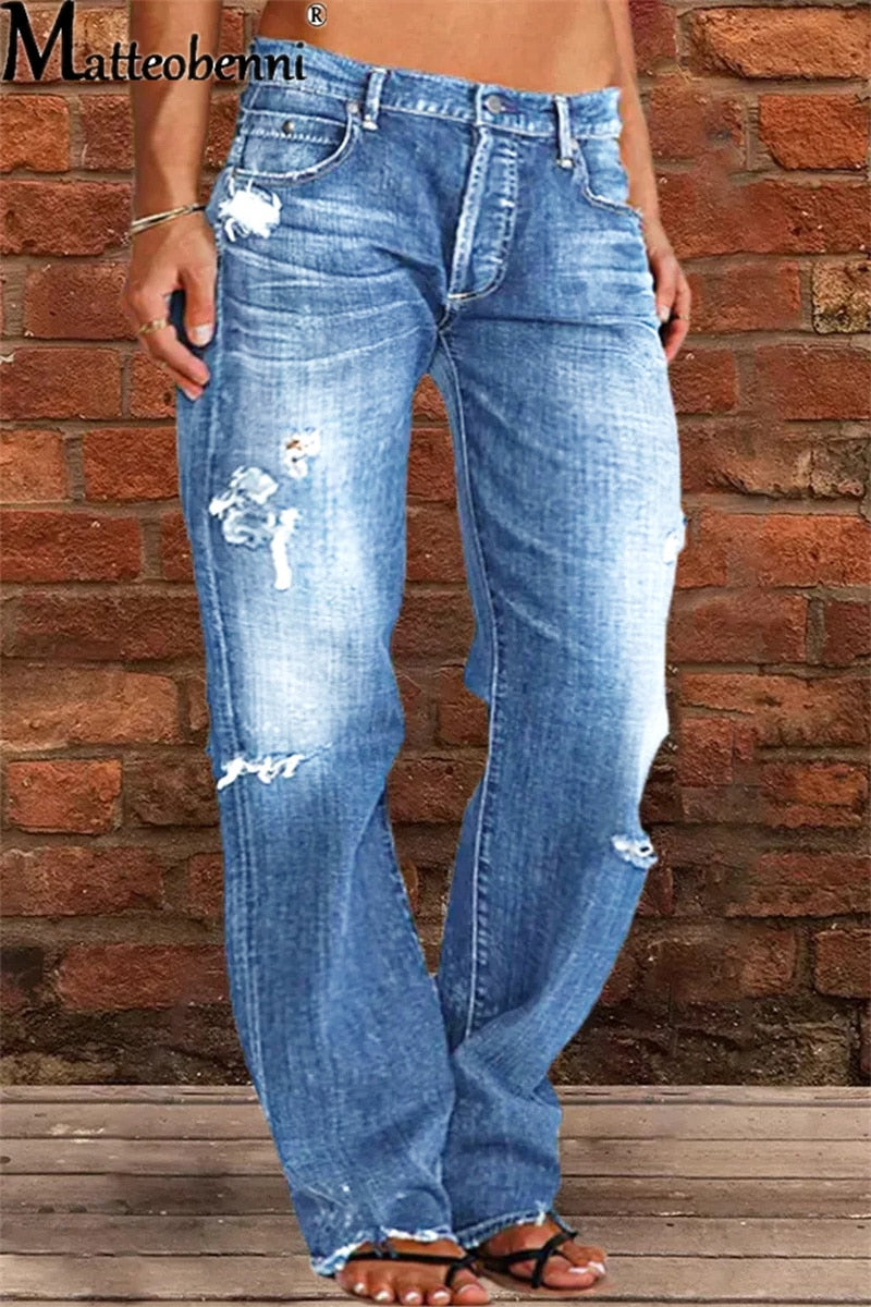 Fashion New Stretch Mid-Waist Straight Jeans Women Casual Stitching Denim Pants Female Washable Broken Holes Trousers Streetwear - Executive-Skincare