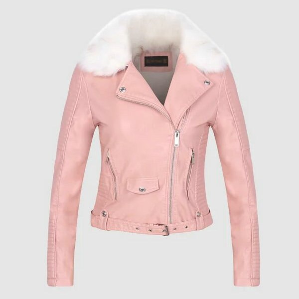 2023 Hot Fashion Women Winter Warm Faux Leather Jackets with Fur Collar Belt Lady Black Pink Motorcycle Biker Outerwear Coats - Executive-Skincare