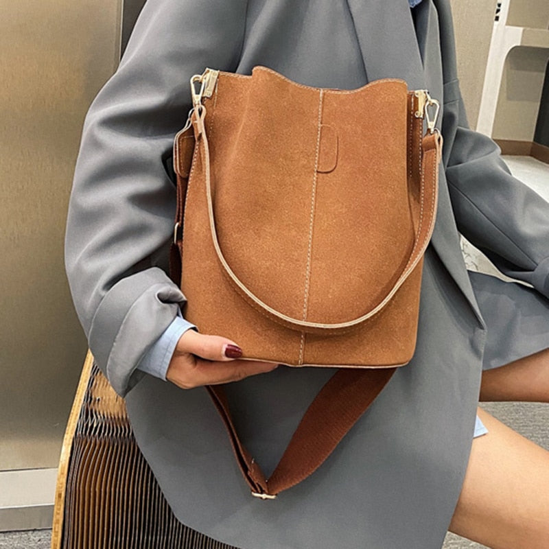 Women Bucket Bag PU Leather Design Shoulder Bag Large Capacity Lady Crossbody Bags Wide Strap Female Solid Color Totes - Executive-Skincare